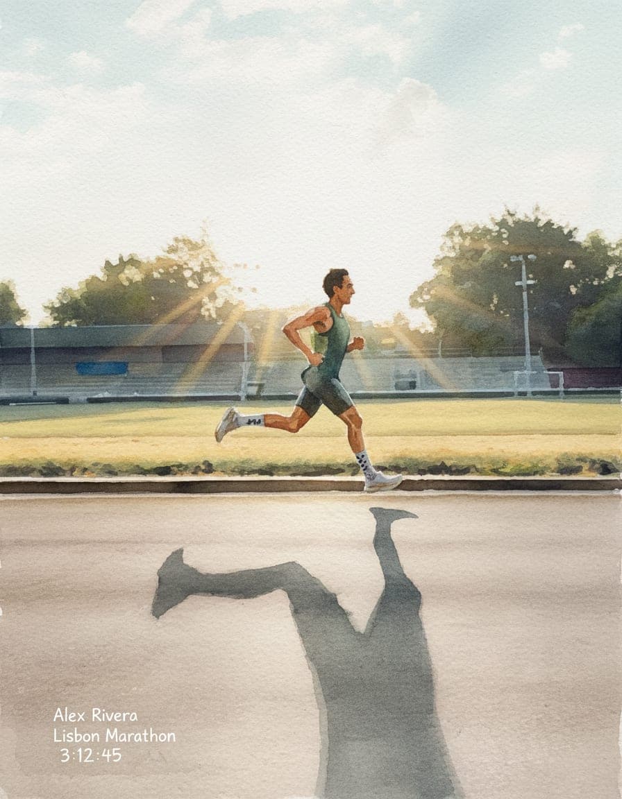 The same sample photo of a runner on a track, painted in watercolour